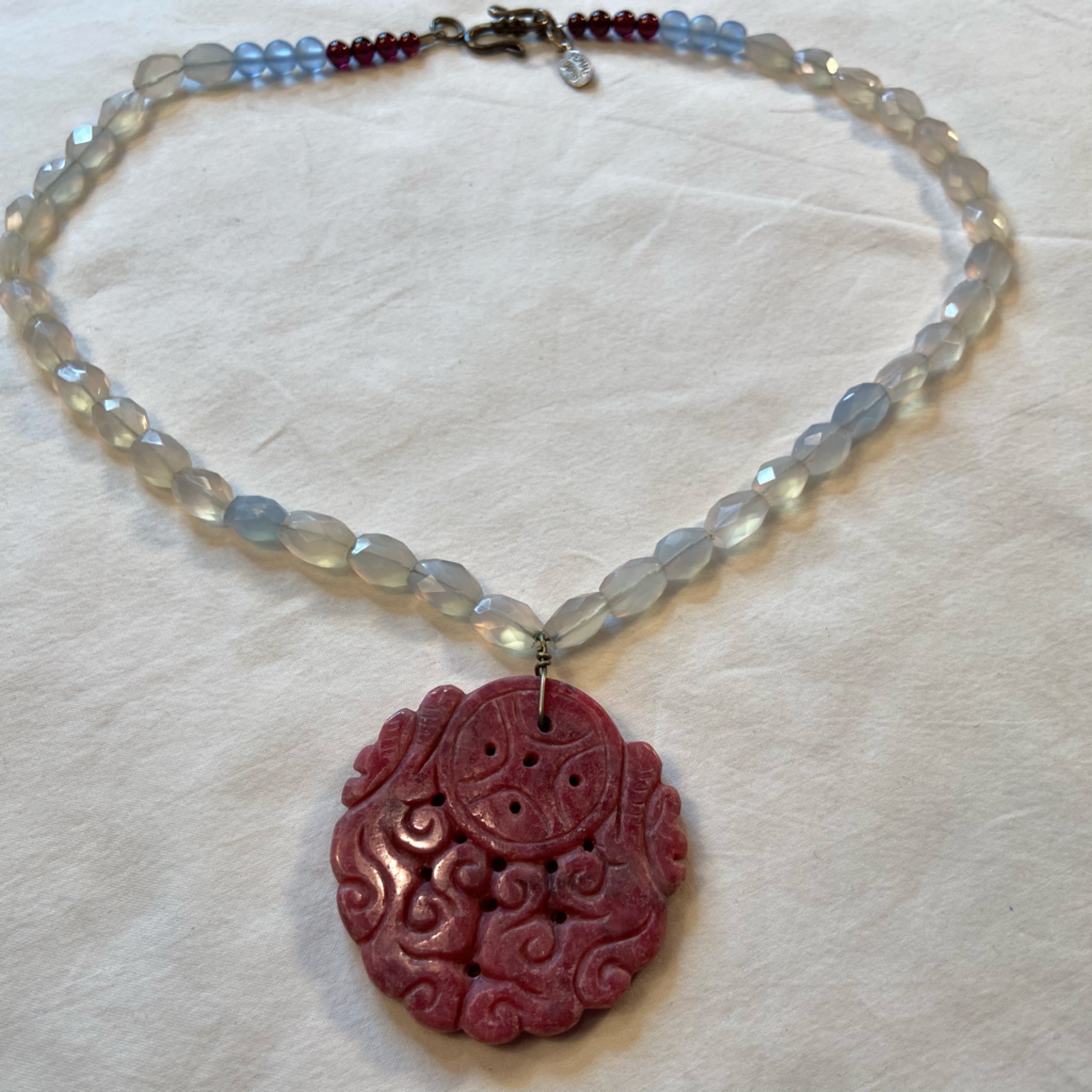 Femme Gems Pendant Necklace, Chinese Carved Pendant And Stone Beads, 17.5â.